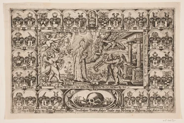 Sophie Brockenhuus e quattro geni, circondati da stemmi. Da un sermone funebre