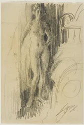 Figura nuda in piedi vicino a un letto