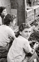 Il sorriso di una ragazza che monda le noci, Quaglino, Napoli, Italia, 1955 circa (foto b/n)