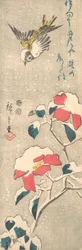 Passero e camelia coperta di neve Tsubaki, ca. 1845