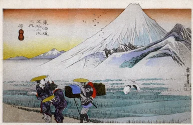 Geografia. Giappone. Hara, Monte Fuji al mattino (13ª stazione). Xilografia di Hiroshige in: Cinquantatré stazioni del Tokaido (1833-1834). Cartolina, Giappone, c.1900