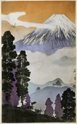 Geografia. Giappone. Monte Fuji. Xilografia di Hiroshige in: Cinquantatré Stazioni del Tokaido (1833-1834). Cartolina, Giappone, c.1900