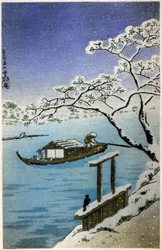 Geografia. Giappone. Fiume in inverno. Xilografia di Hiroshige in: Cinquantatré stazioni del Tokaido (1833-1834). Cartolina, Giappone, c.1900
