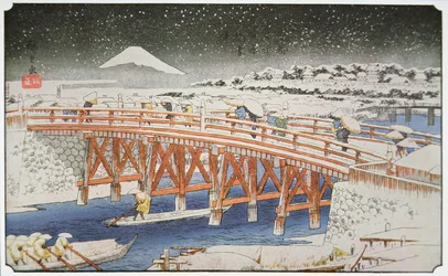Un ponte a Yedo con il Monte Fuji sullo sfondo