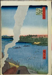 Cento vedute famose di Edo: Forni e il traghetto Hashiba sul fiume Sumida