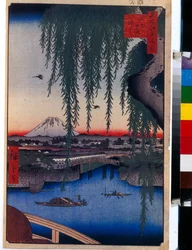 Stampa giapponese: Vista del ponte Yatsumi (Tokyo, Giappone). Serie cento vedute famose di Edo