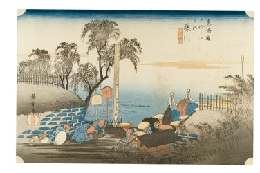 Fujikawa: Scena alla periferia della posta dalla serie Le cinquantatré stazioni del Tokaido, 1831-1834 circa (stampa xilografica su carta)