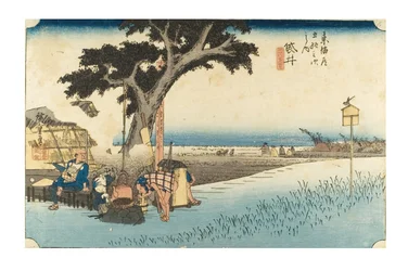 Fukuroi: Bancarella del tè dalla serie Le cinquantatré stazioni del Tokaido, 1831-1834 circa (stampa xilografica su carta)