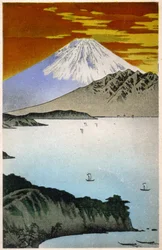 Geografia. Giappone. Alba sul Monte Fuji. Xilografia di Hiroshige in: Cinquantatré stazioni del Tokaido (1833-1834). Cartolina, Giappone, c.1900