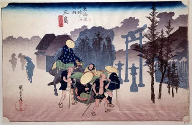 Le 53 stazioni del Tokaido: Viaggiatori davanti a un tempio Shiuto