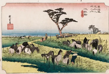 Il mercato dei cavalli nel quarto mese a Chiryu, dalla serie Le cinquantatré stazioni del Tokaido, c.1834