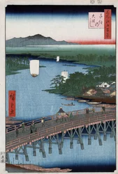 Il grande ponte di Senju che attraversa il fiume Sumida, con montagne sullo sfondo, xilografia di Ando Hiroshige