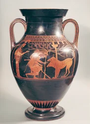 Anfora a figure rosse attiche raffigurante Eracle che cattura Cerbero, greca, da Atene, VI secolo a.C.