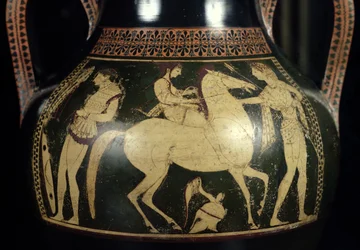 Anfora attica a figure bianche raffigurante amazzoni che si preparano alla battaglia, c.525-520 a.C. (dettaglio)