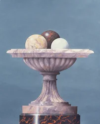 Vaso di marmo, sfere di marmo bianche, nere e gialle