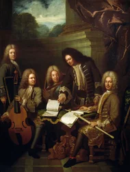 Il compositore Michel de la Barre dirige Marin Marais e i flautisti della Camera del Re