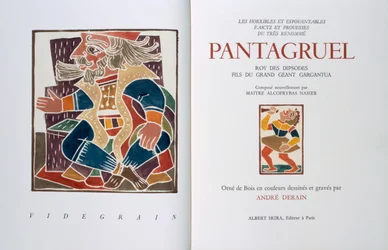 Frontespizio di "Les horribles et espouvantables faictz et prouesses du tres renomme Pantagruel, Roy des Dipsodes, fils du grand geant Gargantua. Compose nouvellement par Maitre Alcofybras Nasier", di Francois Rabelais (c.1494-1553) 1943 (xilografia)