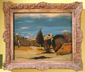 Alberi e villaggio, 1932 circa (olio su tela)