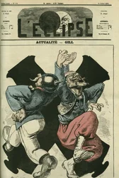 Attualità, soldato prussiano e francese che ballano davanti ai cannoni della guerra franco-prussiana. Copertina in 