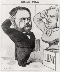 Caricatura di Emile Zola che saluta un busto di Honore de Balzac, 1878