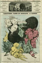 Carote, vetri e radicali, i diversi partiti politici in verdure nella pentola del potere. Disegno che sostituisce la caricatura di Gill, censurata. Copertina in "L