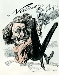 Caricatura di Felix Nadar, pioniere della fotografia aerea nel 1858, qui appeso al suo pallone (incisione)