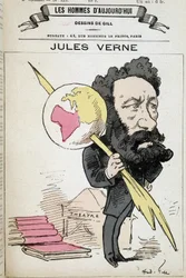 Jules Verne che pizzica la terra con la sua penna - di Gill, in "Gli uomini di oggi"