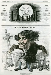 Ritratto di Etienne Marin Melingue (1808-1875), attore e scultore francese. Caricatura di Gill, in "La Lune", 27 gennaio