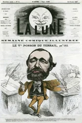 Ritratto di Viconte Ponson du Terrail (1829-1871), scrittore popolare francese, autore di un romanzo a puntate. Caricatura di Gill, in "La Lune", 24 febbraio