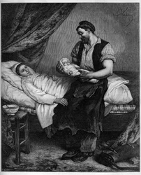 Il neonato. Incisione dal dipinto di Andre Gill in "Il Mondo Illustrato" n. 1283 del 29 ottobre