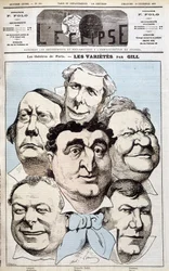 I ritratti di Léonce, Berthelier, Poppy Cadet, Dupuis, Pradeau e Baron, autori teatrali. Cartone animato di Gill in “L