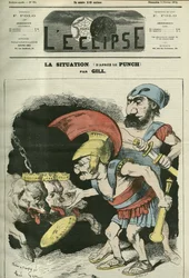 La situazione, caricatura di Adolphe Thiers (1797-1877) e Leon Gambetta (1838-1882) che danno un ministero a cani realisti e bonapartisti. Copertina di "L
