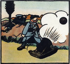 Prima Guerra Mondiale 1914-1918: Lanciatore di bombe. Un soldato francese lancia bombe al nemico con un cannone. Incisione in 