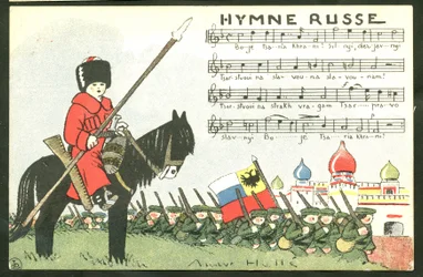 Cartolina, Satirico a Colori: Inno Russo - Guerra del 14-18, Russia, Canto - Illustrazione di Soldati di Andre Helle (1875-1945)