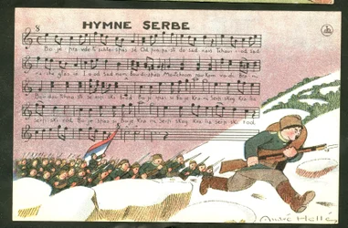 Cartolina, satirica a colori: Inno serbo - Guerra del 14-18, canzone, Serbia - Illustrazione dei soldati di Andre Helle (1875-1945)