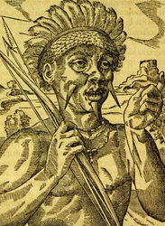 Capo della tribù dei cannibali, incisione da Cosmologia Universale, di André Thevet, Parigi