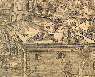 Cimitero cristiano di Acheldemach, incisione da Cosmographie universelle, di Andre Thevet, Parigi