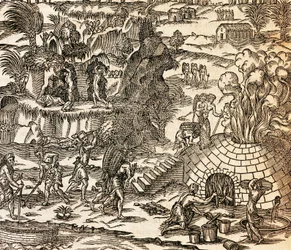 Schiavi indiani che lavorano in una miniera a Cuba, illustrazione dalla Cosmografia di André Thevet, incisione