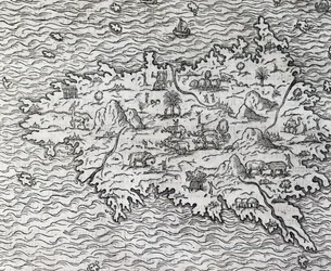 Mappa di Sumatra, incisione di Andre Thevet, Parigi, Francia