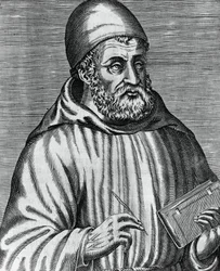 Ritratto di John Duns, comunemente chiamato Duns Scoto (1265 o 1266-1308), filosofo e teologo scozzese, incisione di Andre Thevet (1504-1592) da Les vrais pourtraits et vies des hommes illustres grecz, latins et payens