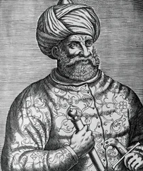 Ritratto di Khayr al-Din, noto come Barbarossa (1465-1546), corsaro e ammiraglio turco, incisione di Andre Thevet (1502-1590)