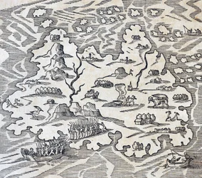 Isola della Trinità, incisione dalla Cosmologia Universale, di Andre Thevet (1504-1592), Parigi