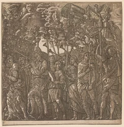 Il Trionfo di Giulio Cesare: Soldati che Portano Bandiere e Stendardi