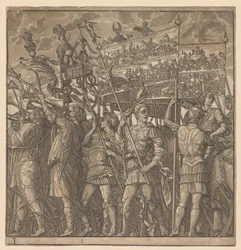 Il Trionfo di Giulio Cesare: Soldati che Portano le Immagini della Guerra