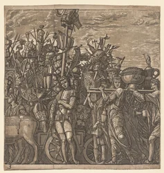Il Trionfo di Giulio Cesare: Soldati che Marciano con Trofei di Guerra