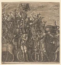 Il trionfo di Giulio Cesare: Soldati che marciano con trofei di guerra