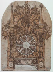 Trionfo della morte con tre destini in una cornice architettonica sopra una ruota della fortuna fiancheggiata da scheletri; un teschio e una clessidra in alto e con ruota destinata a girare al centro