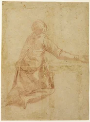 Figura inginocchiata vista da dietro (recto); Tre studi a mezzo busto di figura femminile velata (verso)