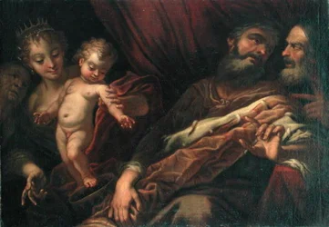 Il bambino Mosè in piedi sulla corona del faraone