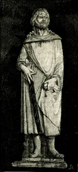 San Giuliano Ospitaliere, statua di Andrea Della Robbia (1435-1525 o 1528), oratorio della Madonna del Buon Consiglio, Prato, Toscana, Italia, xilografia da Le cento città d